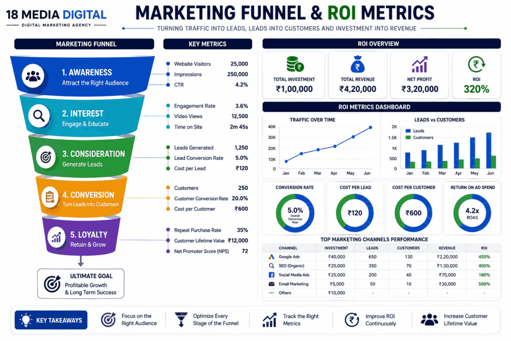 18 Media Digital marketing funnel and ROI metrics dashboard