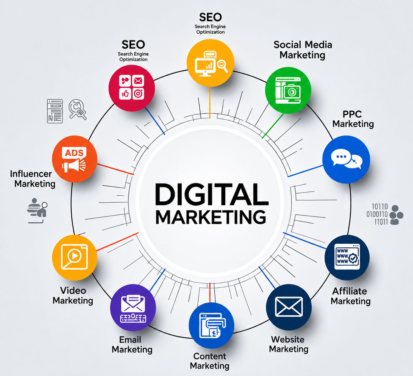 Digital marketing services infographic showing SEO, Social Media Marketing, PPC, Content Marketing, Email Marketing, Video Marketing, Website Marketing and Affiliate Marketing by 18 Media Digital in Pune.
