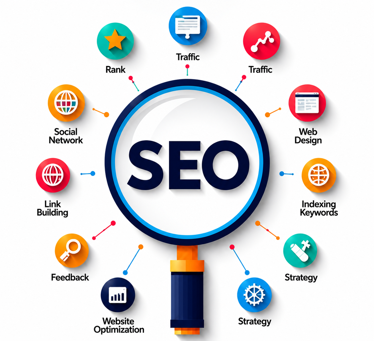 SEO services infographic showing search engine optimization strategies including keyword research, website optimization, link building, web design, traffic growth, indexing, ranking, and digital marketing by 18 Media Digital in Pune.