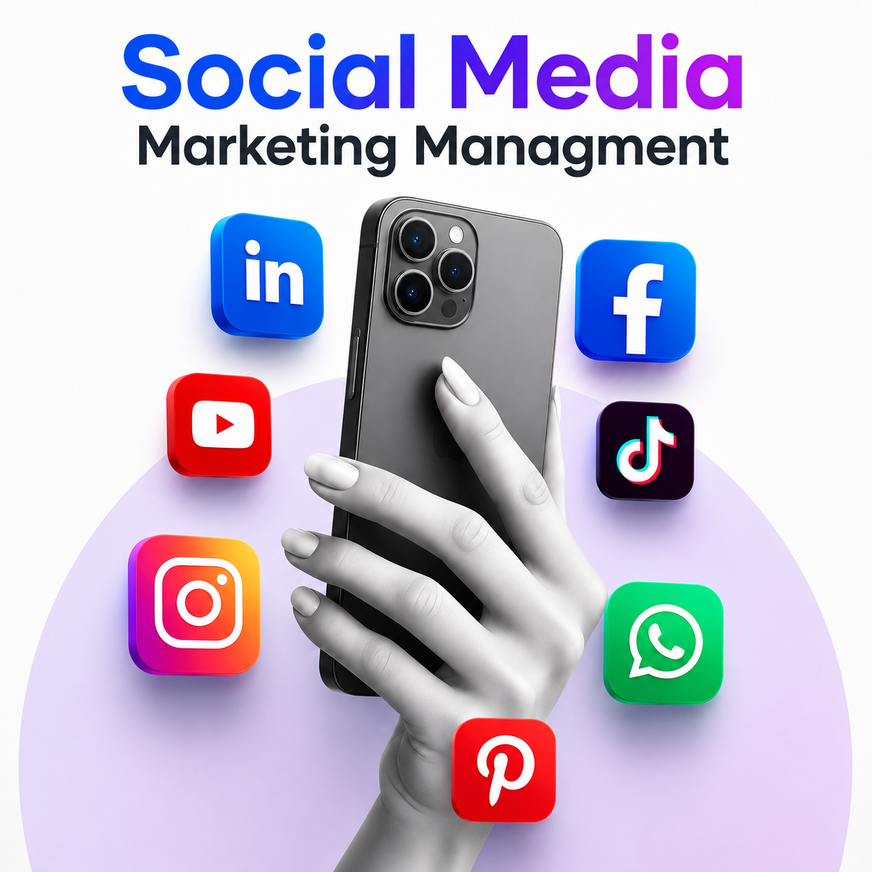 Social Media Marketing Management illustration featuring LinkedIn, Facebook, Instagram, YouTube, TikTok, WhatsApp, and Pinterest icons around a smartphone, representing professional social media management services by 18 Media Digital in Pune.