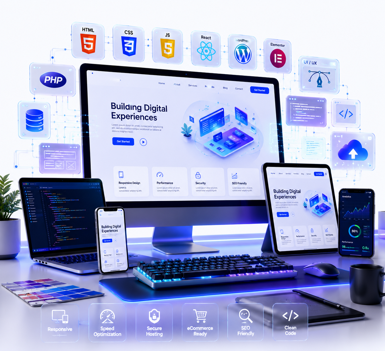 Professional website development services in Pune showcasing responsive web design, WordPress, Elementor, React, HTML, CSS, JavaScript, PHP development, UI/UX design, SEO optimization, and eCommerce website solutions by 18 Media Digital.