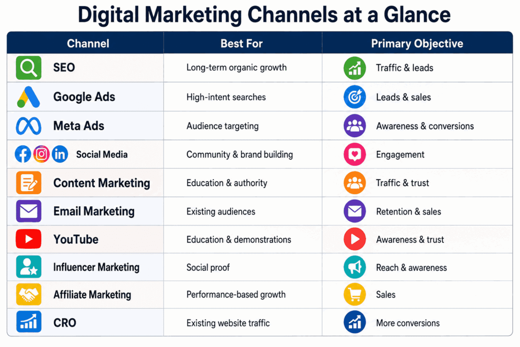 Digital marketing channels explained by 18 Media Digital, including SEO, Google Ads, Meta Ads, social media, content marketing, email marketing, YouTube, influencer marketing, affiliate marketing, and CRO