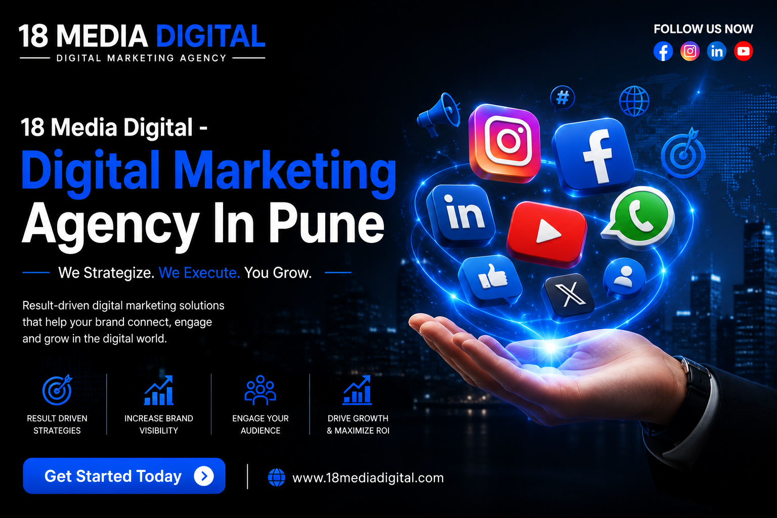 18 Media Digital digital marketing agency in Pune with social media and growth icons