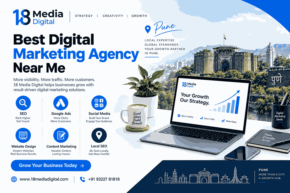 Best digital marketing agency near me in Pune – 18 Media Digital offering SEO, Google Ads, social media, website design, content marketing and local SEO services.