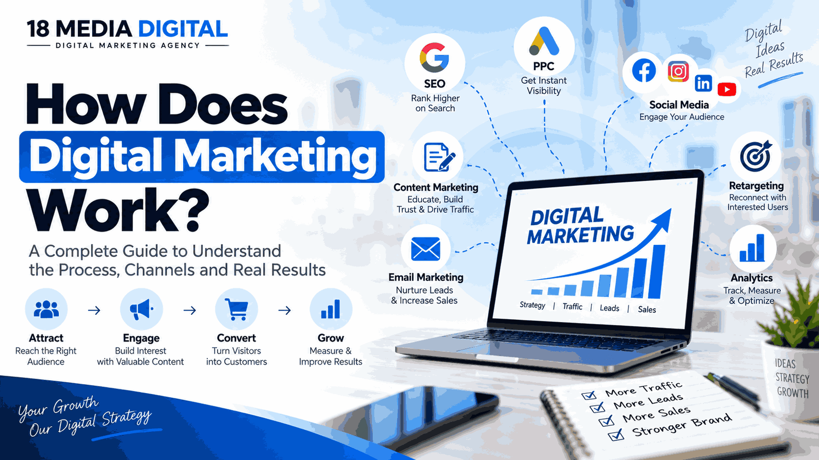 How Does Digital Marketing Work explained for beginners with SEO, PPC, social media, retargeting, email marketing, and analytics