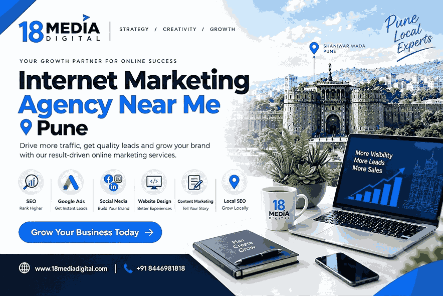 Digital marketing banner for 18 Media Digital featuring SEO, Google Ads, and Social Media services in Pune with Shaniwar Wada landmark background.