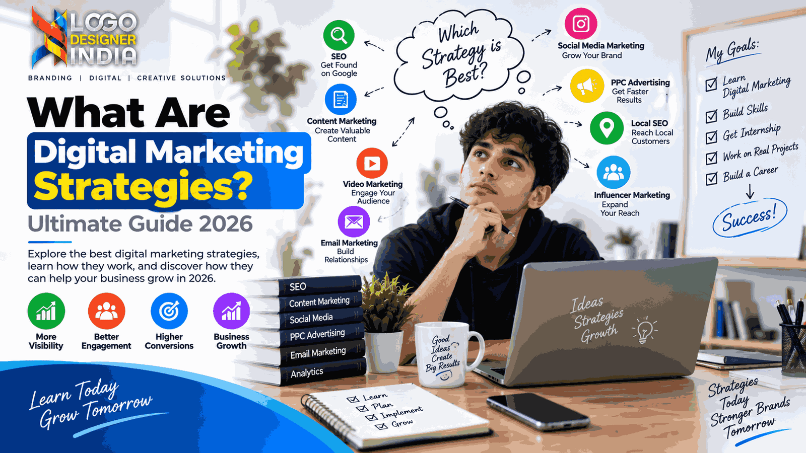 What Are Digital Marketing Strategies explained with SEO, content marketing, social media, PPC, email marketing, and local SEO