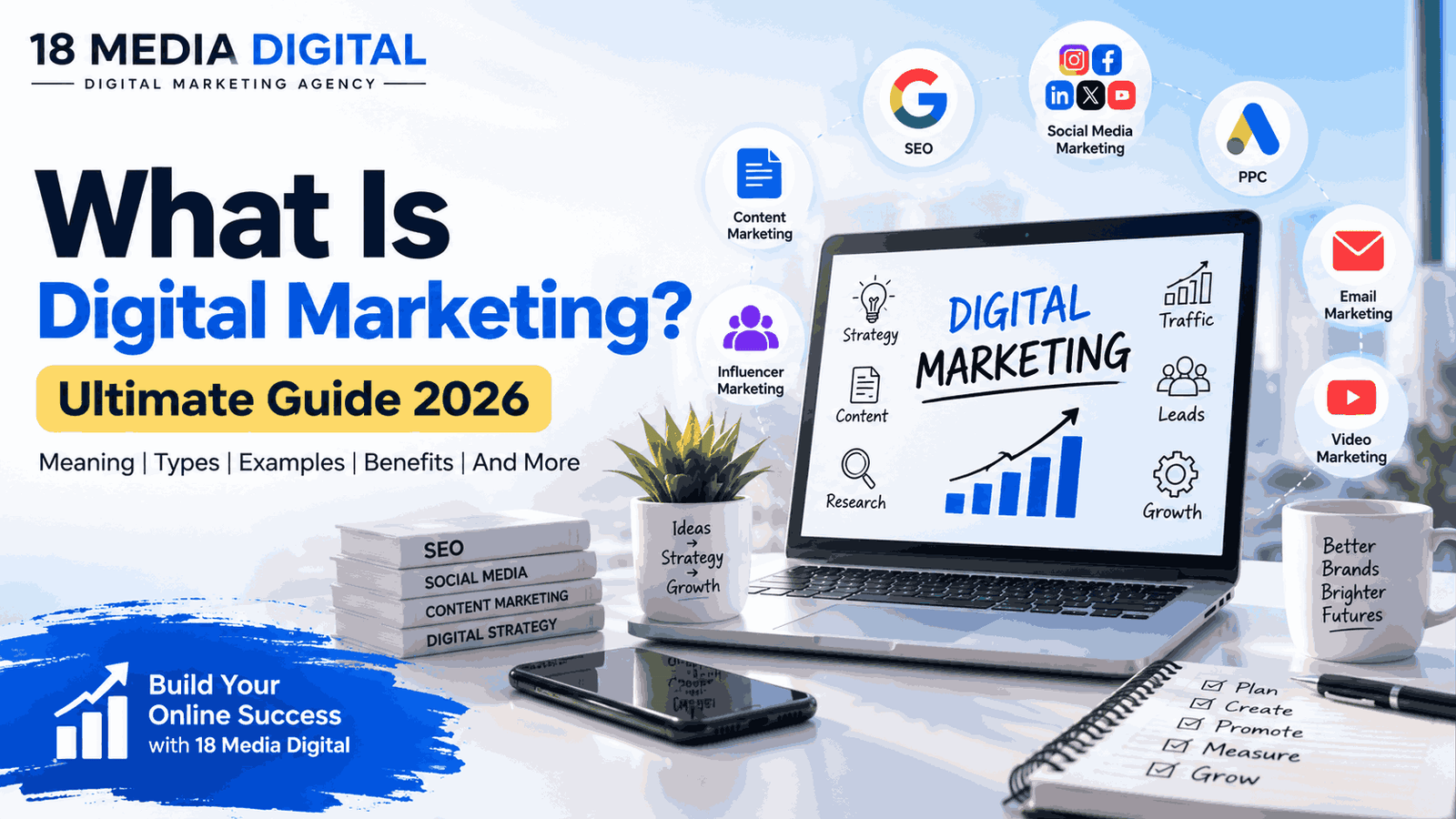 What Is Digital Marketing explained for beginners with SEO, social media, PPC, content marketing, email marketing, and analytics