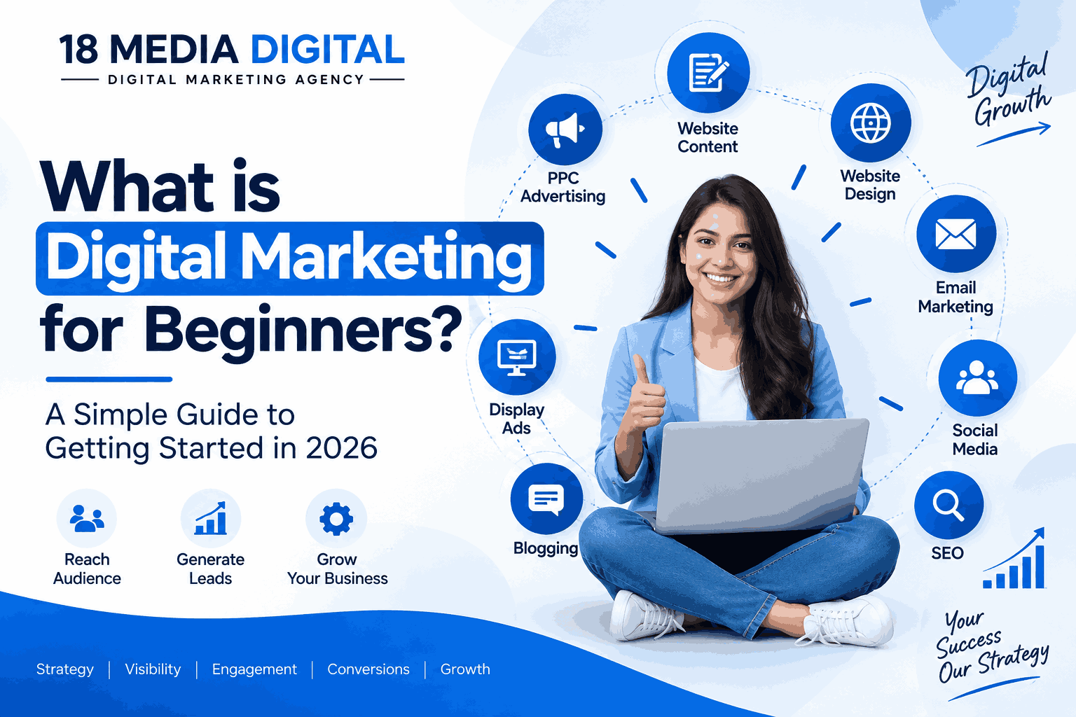 What is Digital Marketing for beginners explained with SEO, PPC, social media, email marketing, website content, blogging, and digital marketing strategy