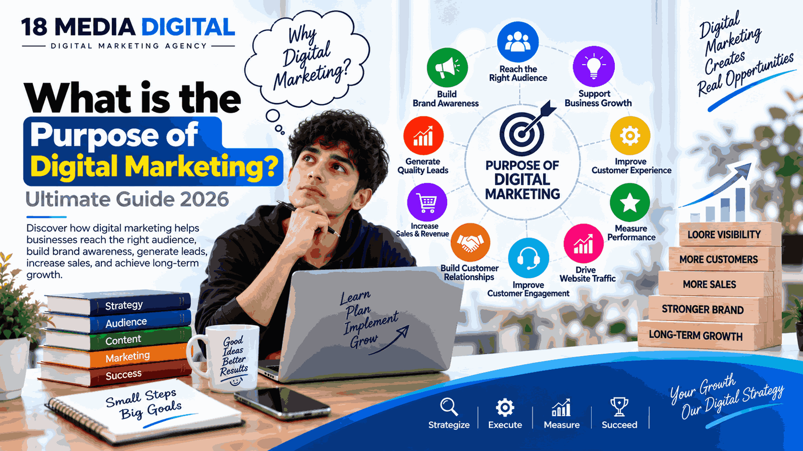 What is the Purpose of Digital Marketing infographic showing brand awareness, lead generation, customer engagement, website traffic, sales growth, and business growth.